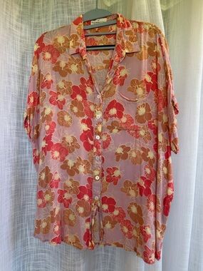 Relaxed Floral Button-Down Shirt in Pink and Tan